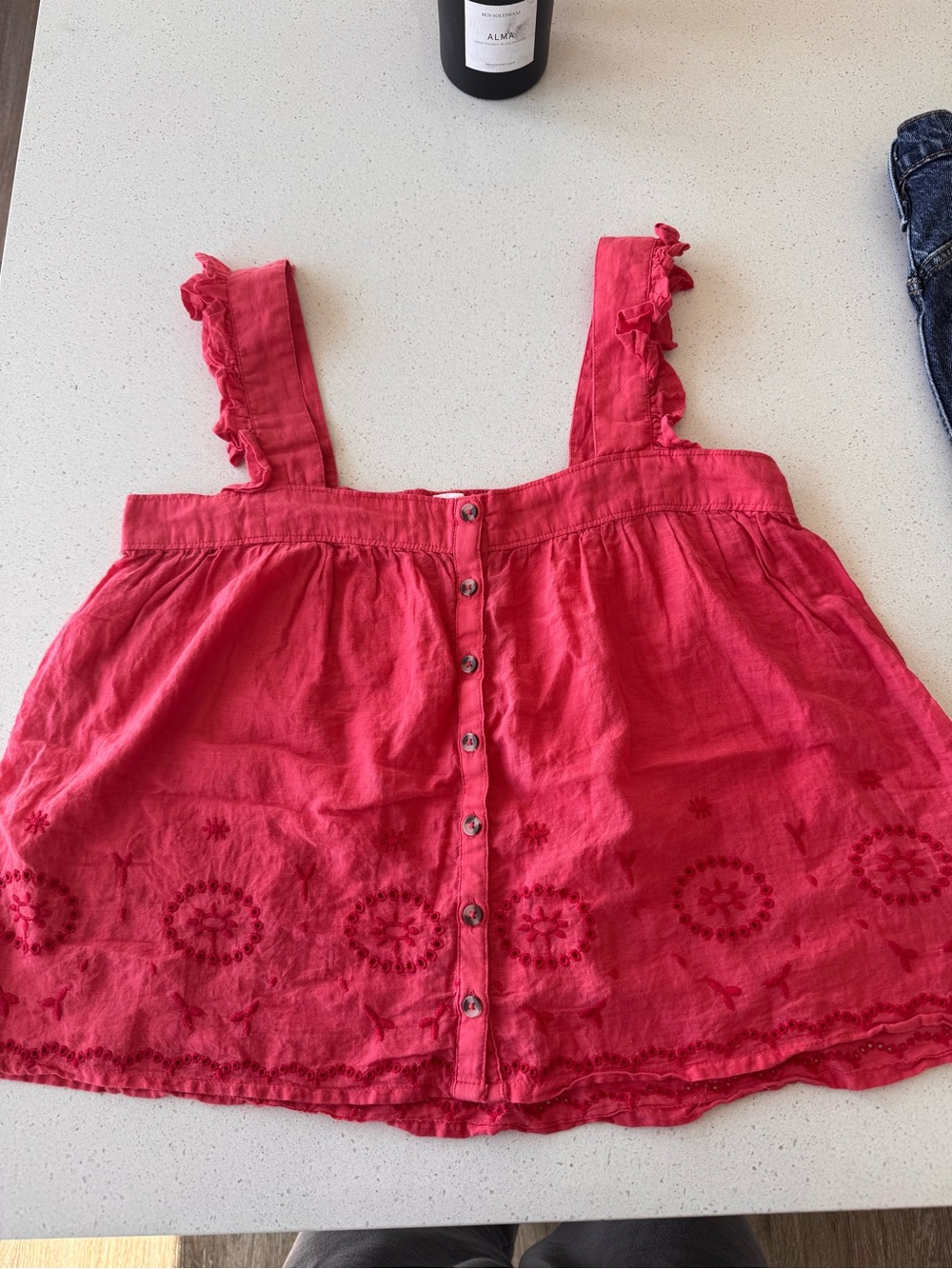 Red Ruffled Strap Button-Front Tank Top